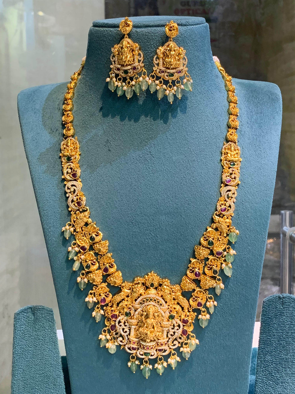 Nagasi Work with Kempu & AD Stones Bridal Haram - Nakshatra Jewels
