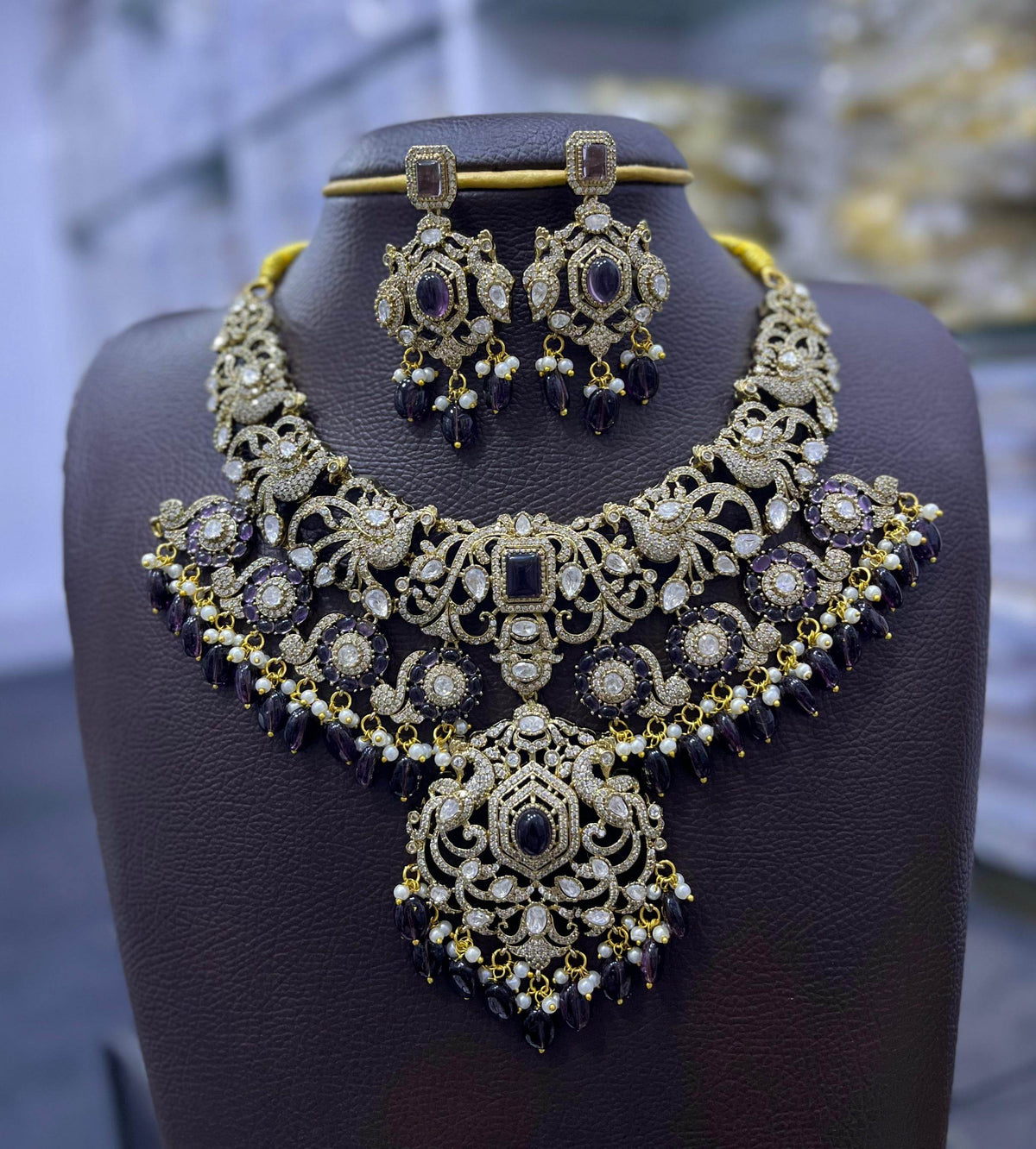 Victorian Polish Moissanite and AD Stones Bridal Necklace