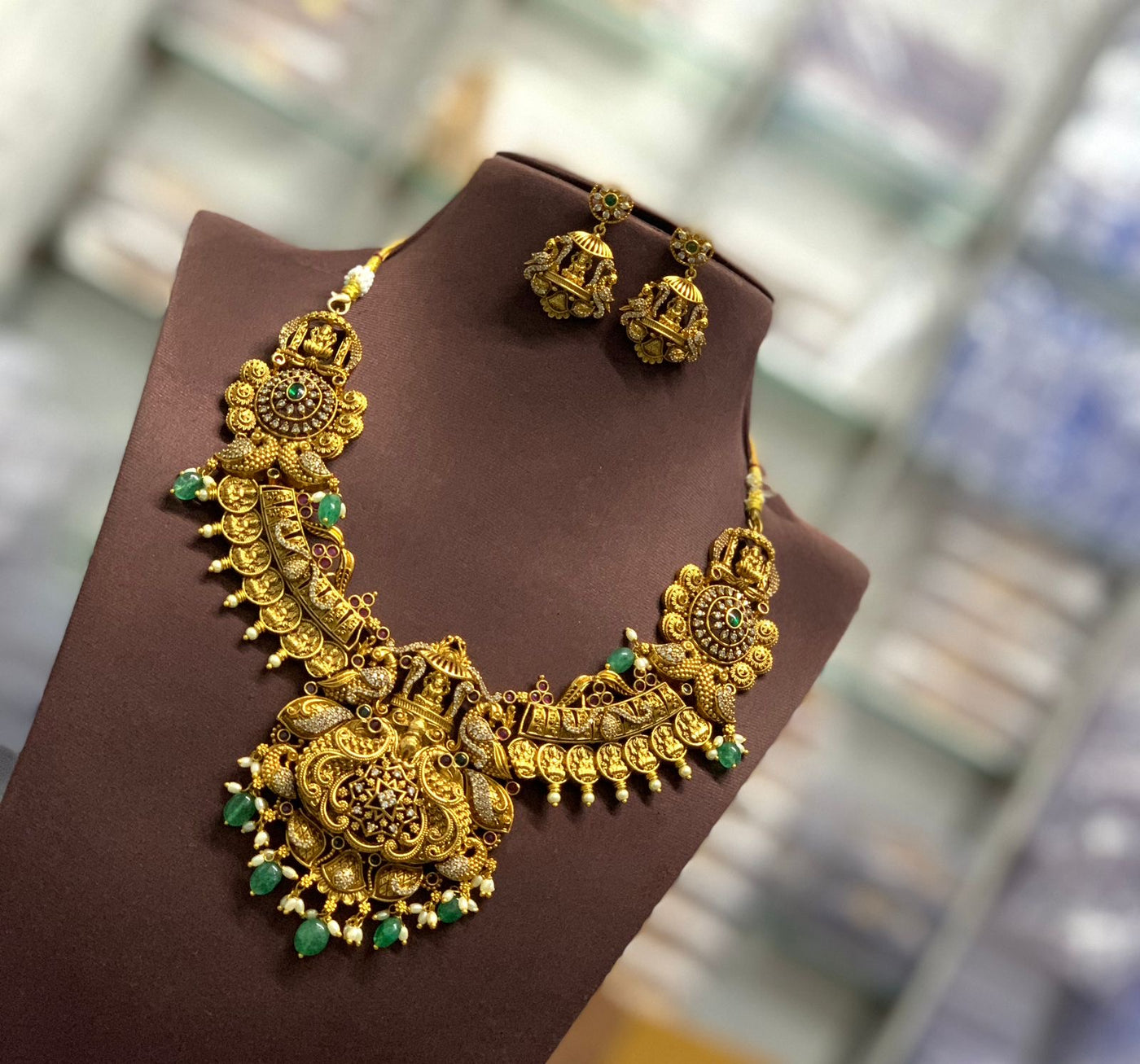 Nakshi work with Kempu & AD Stones Bridal Necklace