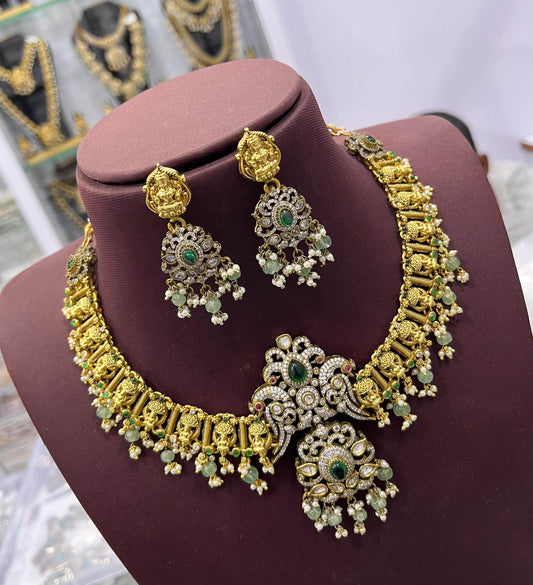 Nakshi Work with Kempu & AD Stones Bridal Necklace - Nakshatra Jewels