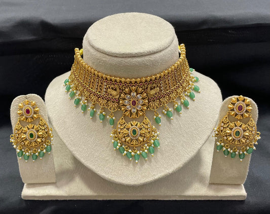 Nakshi work with Kempu Stones Choker