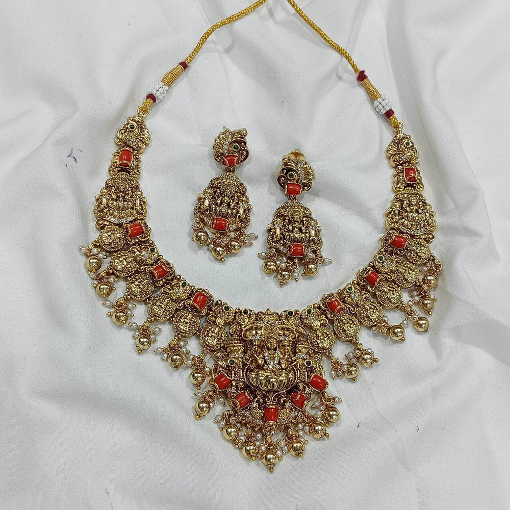 Nakshi work with Coral beads & AD Stones Necklace - Nakshatra Jewels