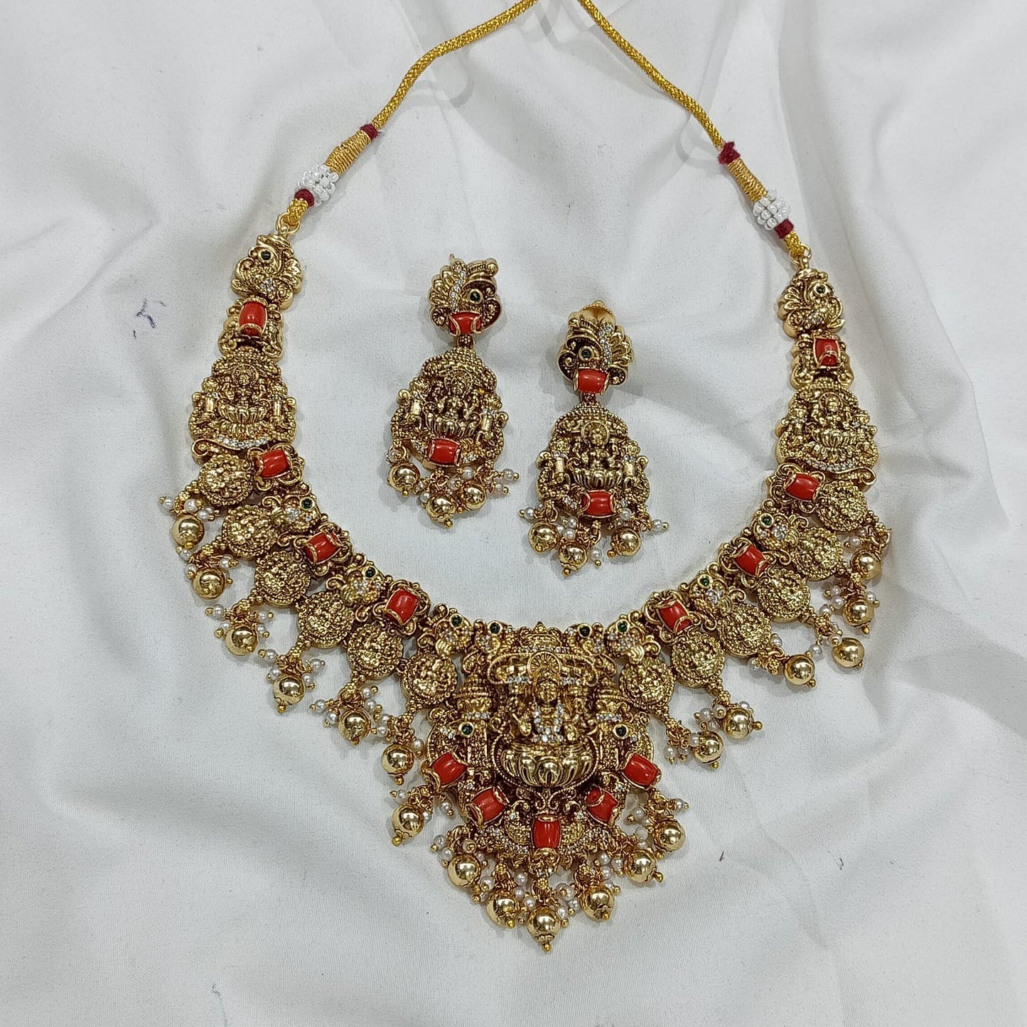 Nakshi work with Coral beads & AD Stones Necklace