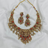 Nakshi work with Coral beads & AD Stones Necklace - Nakshatra Jewels