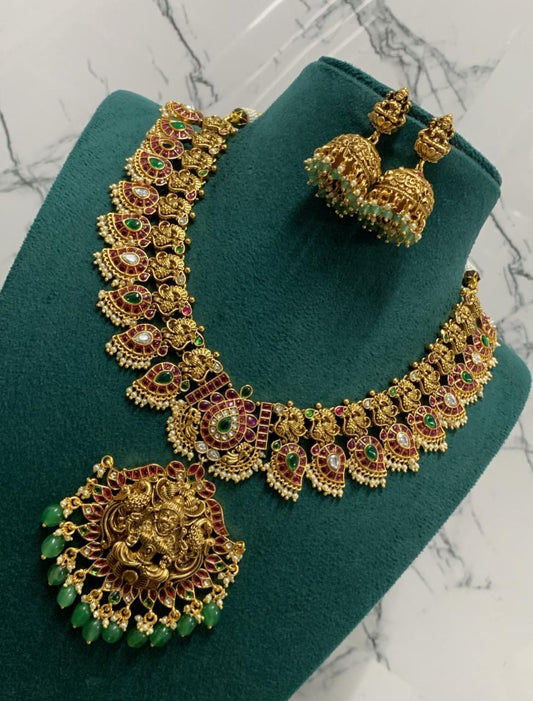 Nakshi Work with Kempu Stones Bridal Necklace