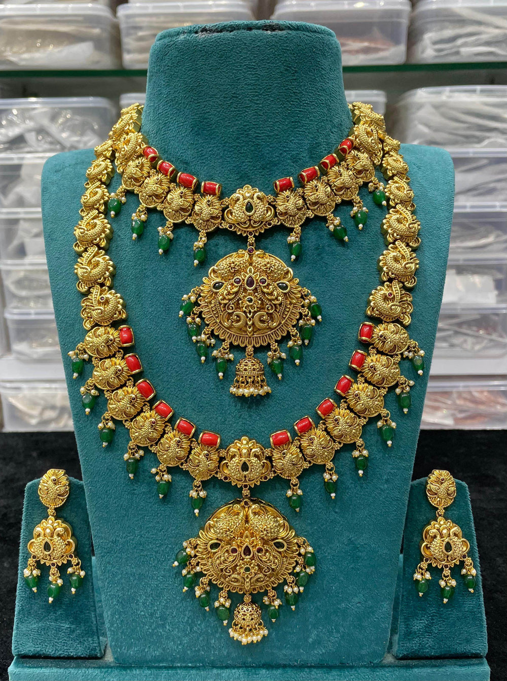 Nakshi Work with AD & Coral Studded Combo Set - Nakshatra Jewels