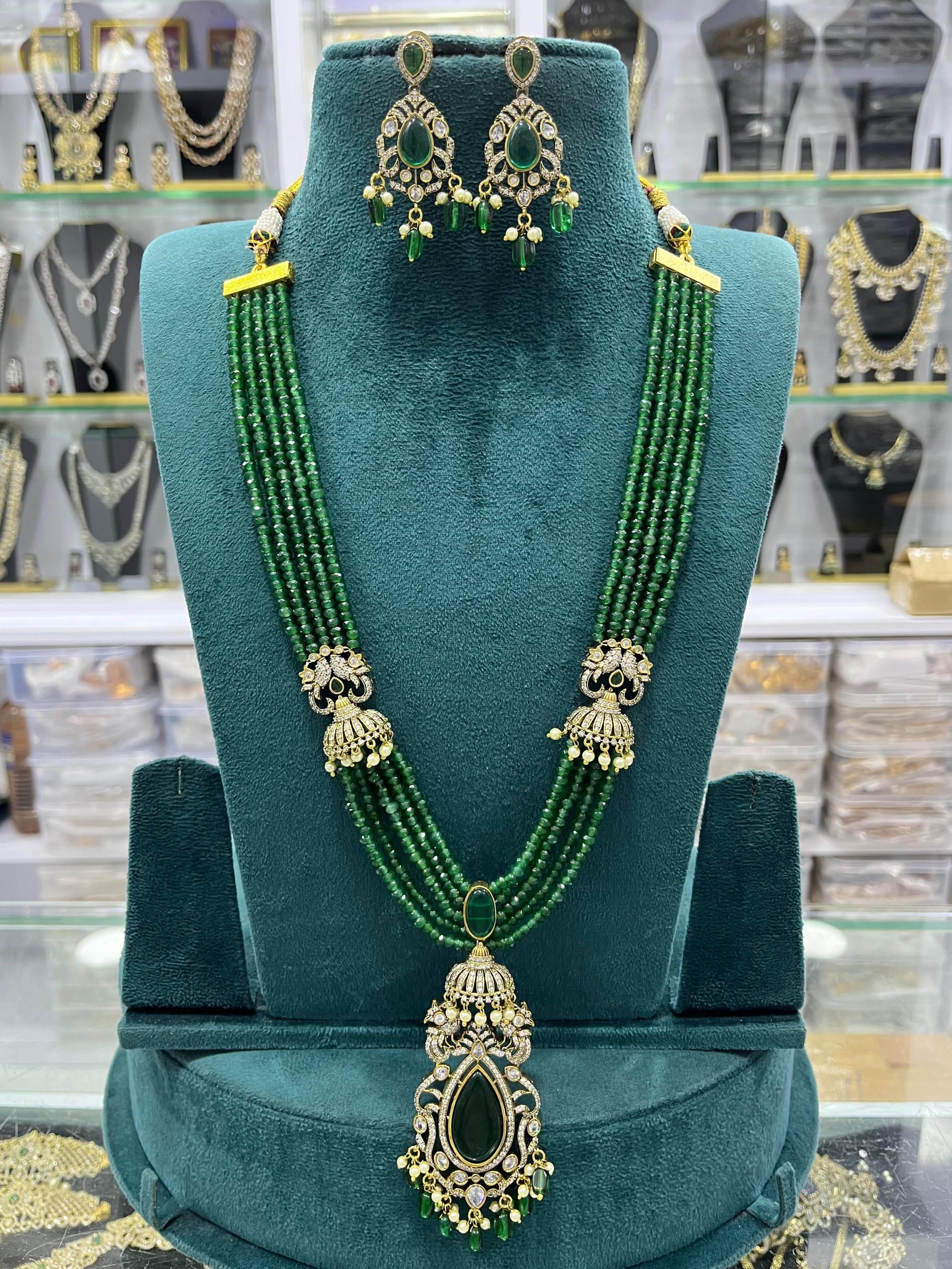 Victorian Polish AD Stones Pendent with Beads Haram - Nakshatra Jewels