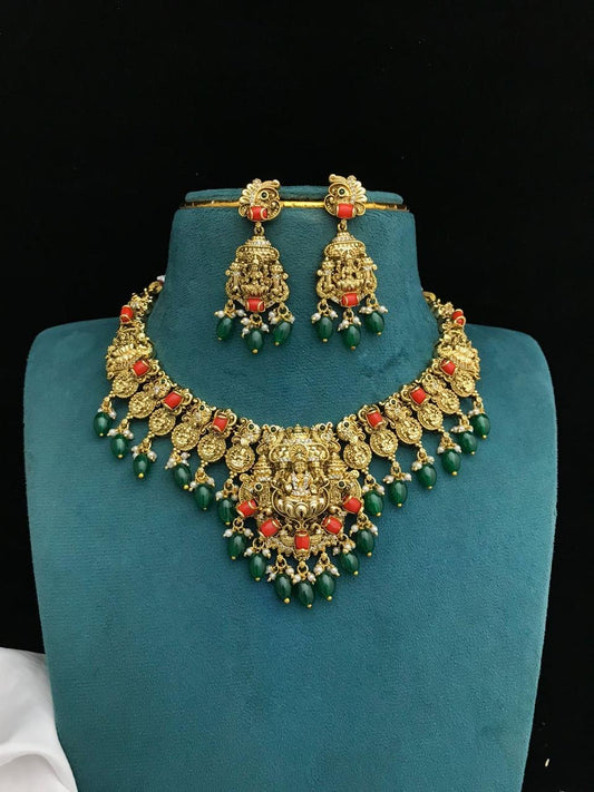 Nakshi Work with AD & Coral Beads Necklace