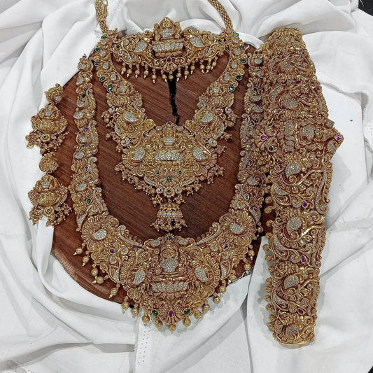 Nakshi Work with AD Stones Bridal Set (Gold Replica) - Nakshatra Jewels