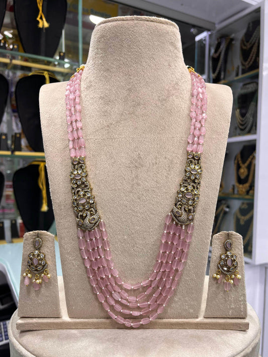 Victorian Polish AD Stones Side Pendent with Beads Haram - Nakshatra Jewels