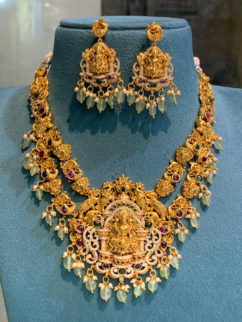Nagasi Work with Kempu & AD Stones Bridal Haram - Nakshatra Jewels