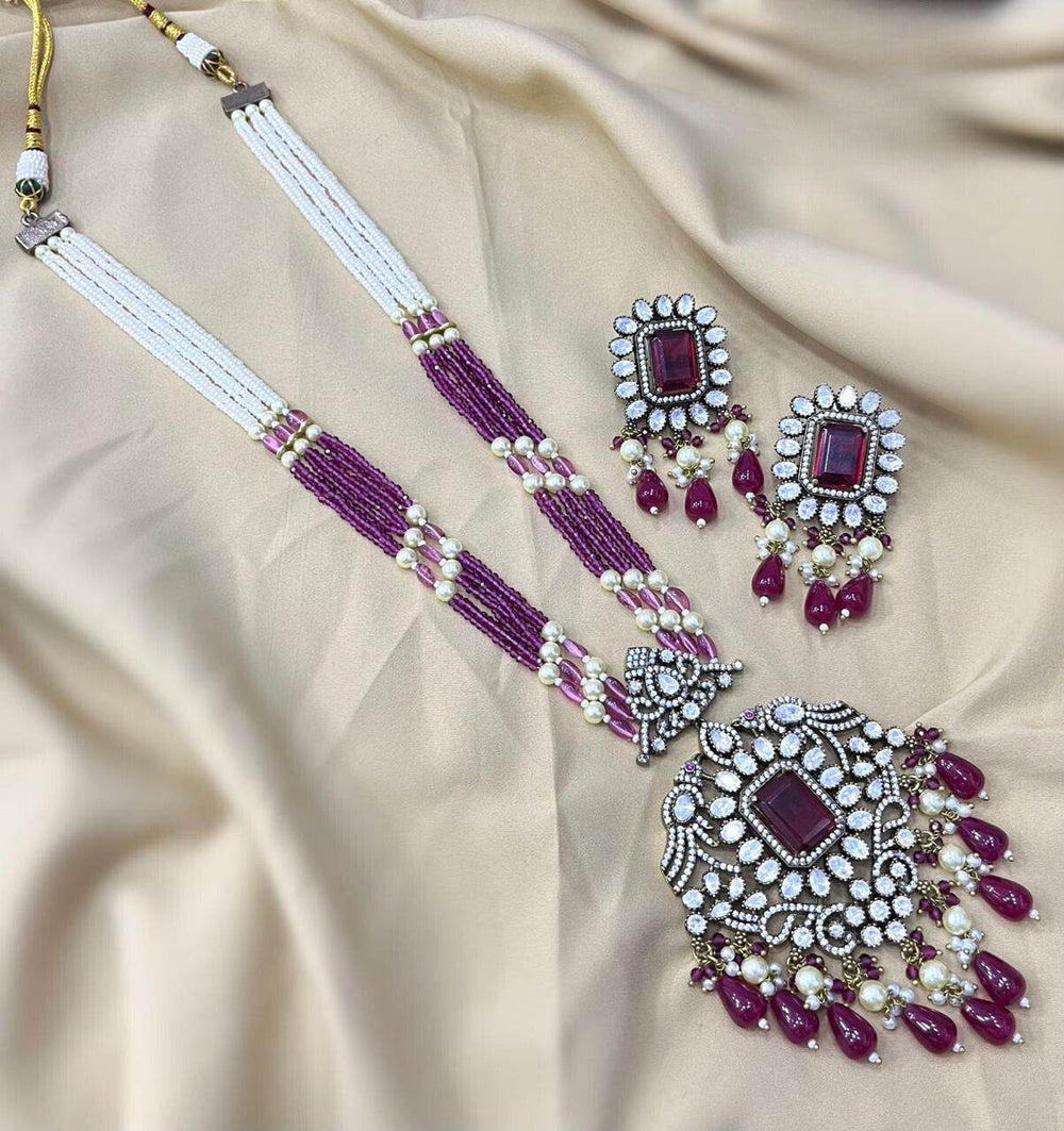 Victorian Polish AD Stones Pendent with Beads Haram - Nakshatra Jewels
