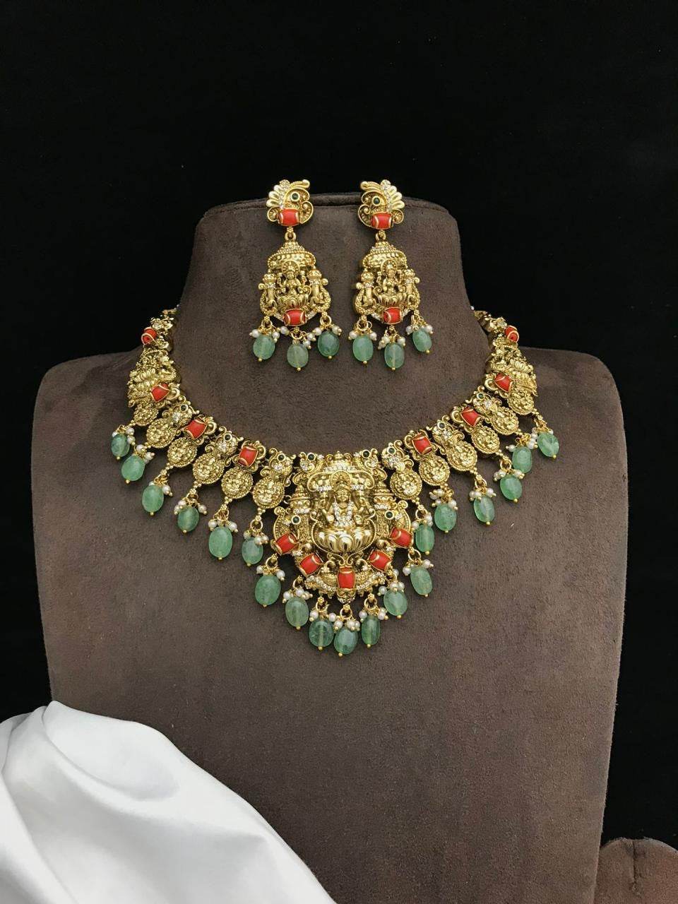 Nakshi Work with AD & Coral Beads Necklace - Nakshatra Jewels