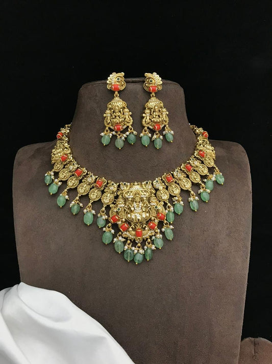 Nakshi Work with AD & Coral Beads Necklace