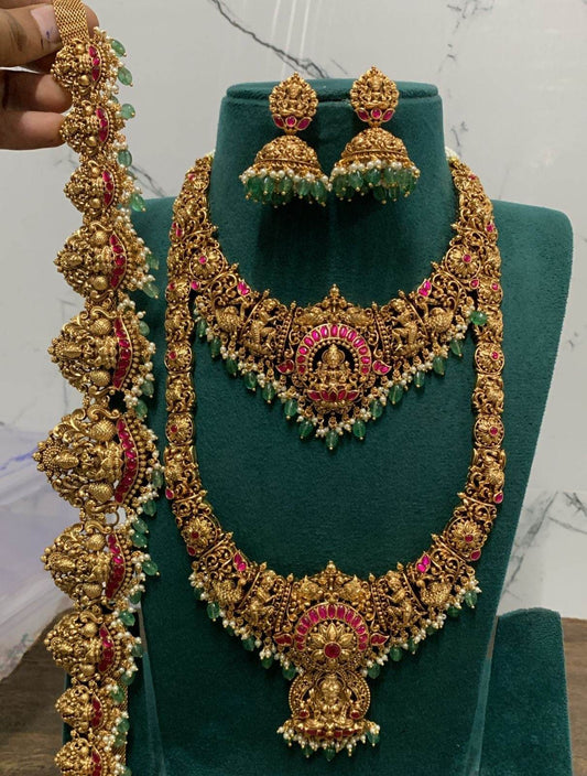 Nakshi Work with Jaadu Kundan Stones Grand Bridal Combo Set - Nakshatra Jewels