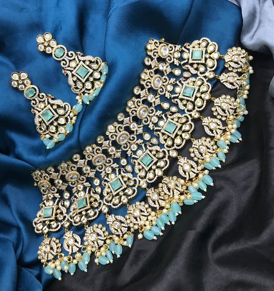 Victorian Polish AD & Moissanite Stones Bridal Neck Set