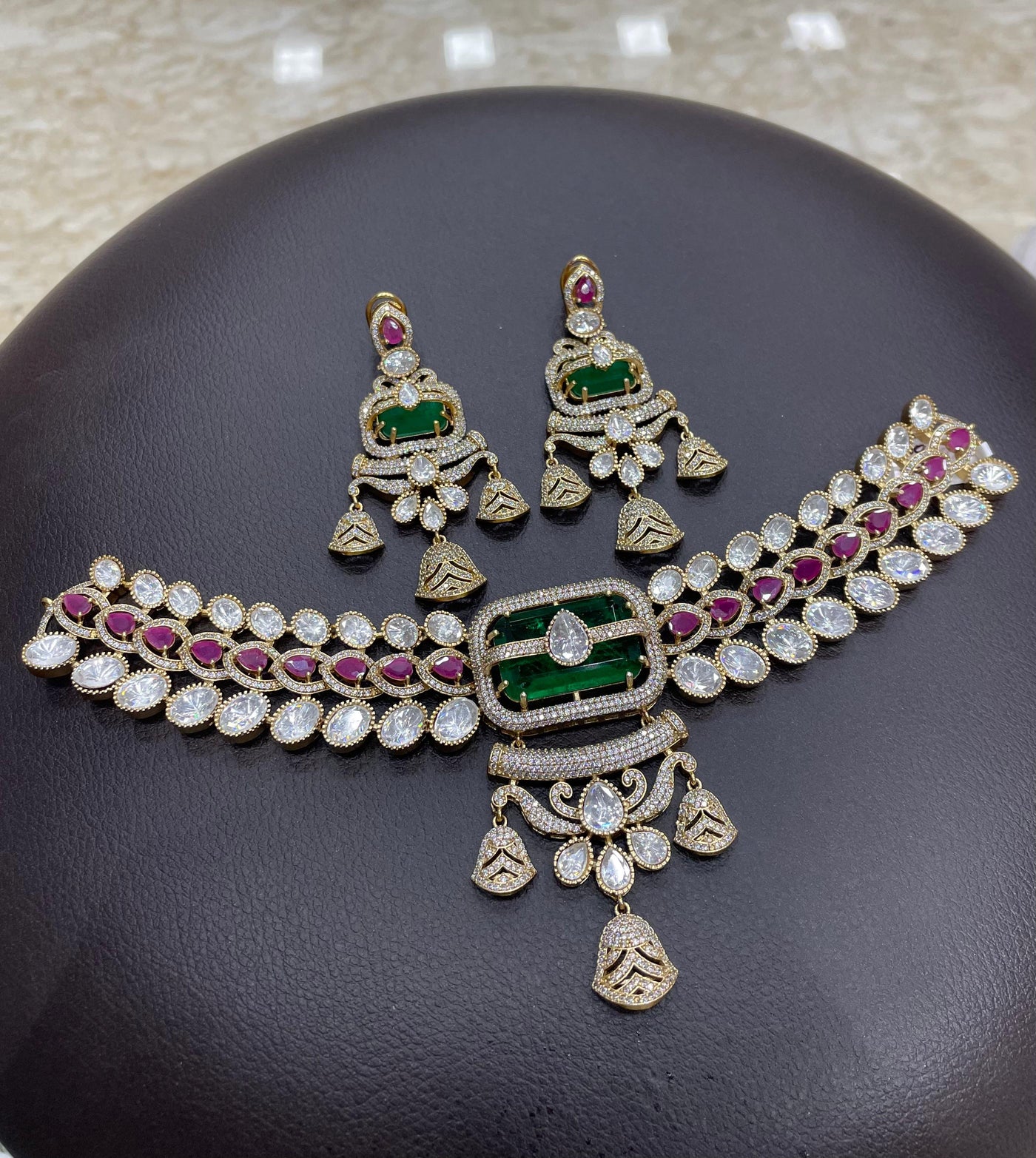Victorian Polish AD and Mossianite Stones Bridal Neck Set