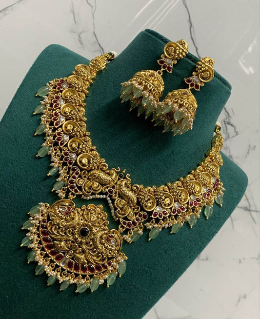 Nagasi Work with Kempu Stones Bridal Choke - Nakshatra Jewels