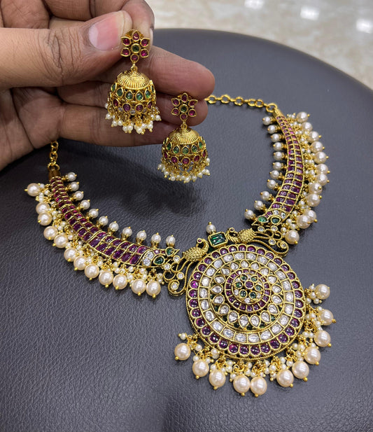 Premium Matt with Kempu Stones Necklace