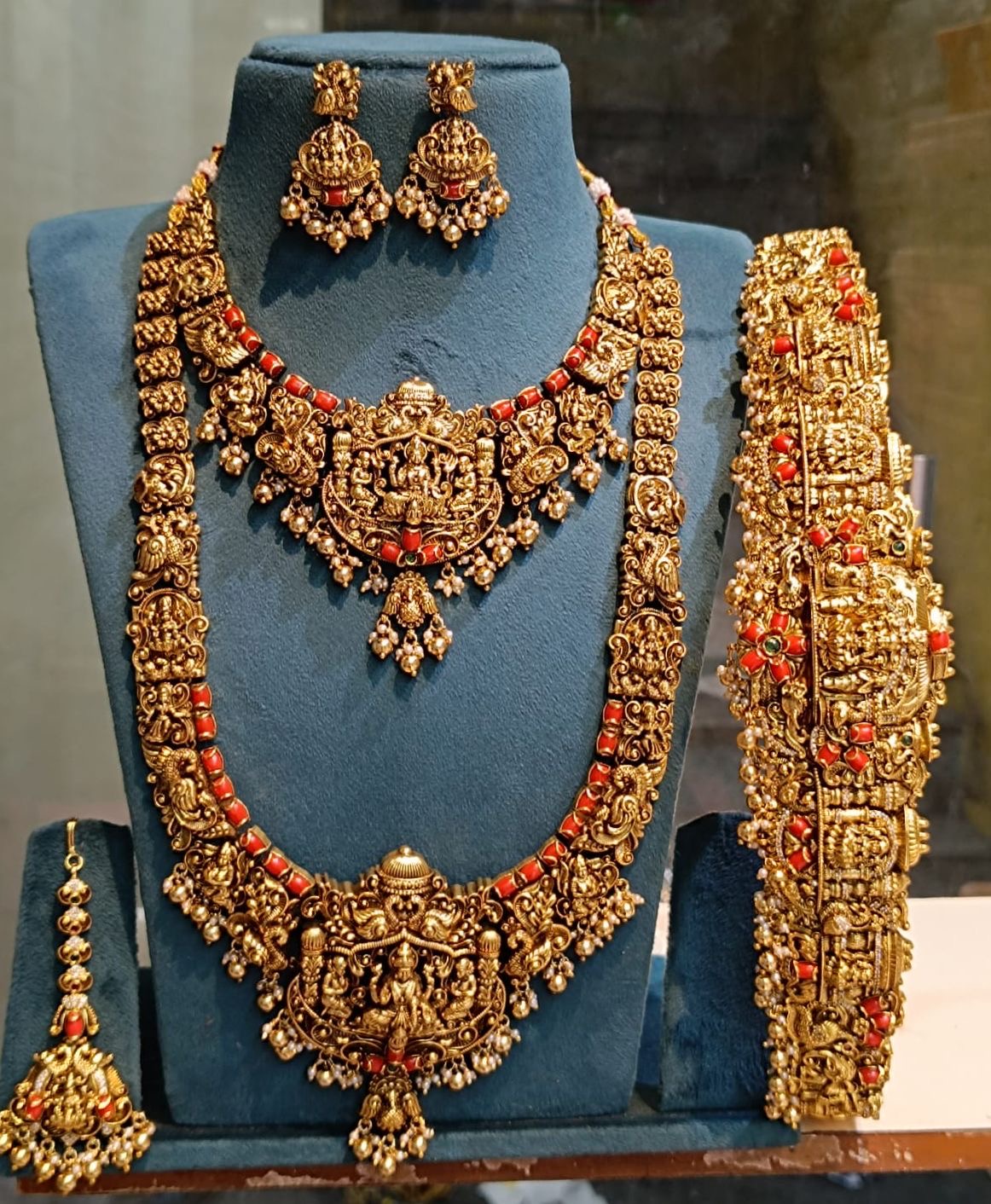 Nakshi Work with AD Stone & Coral beads Bridal Set (Gold Replica)