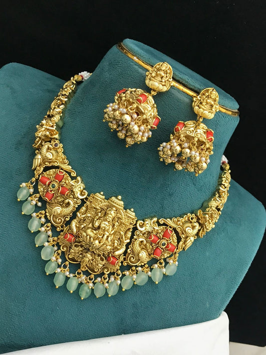 Nakshi Work with AD Stones & Coral Beads Bridal Necklace