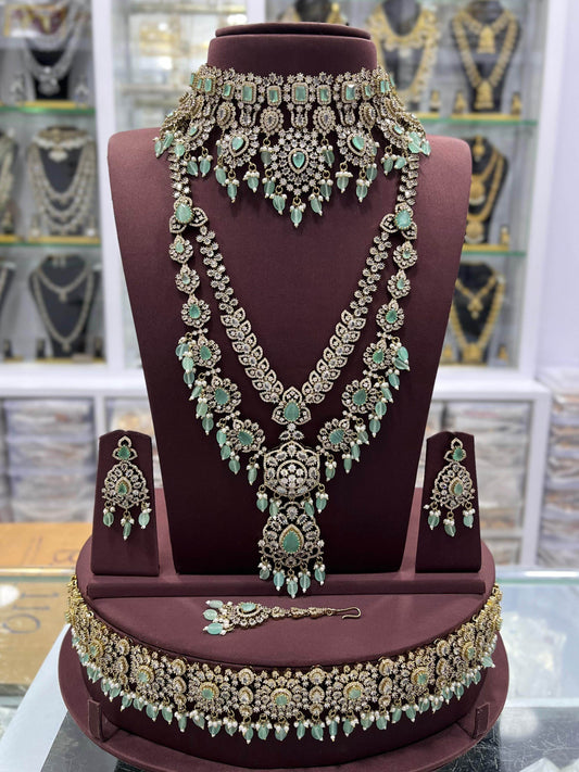 Victorian Polish with Moissanite Stones Bridal Combo set - Nakshatra Jewels