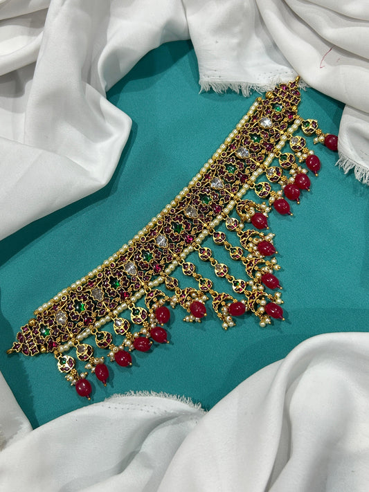 Nakshi Work with Kempu Stones Bridal Choker