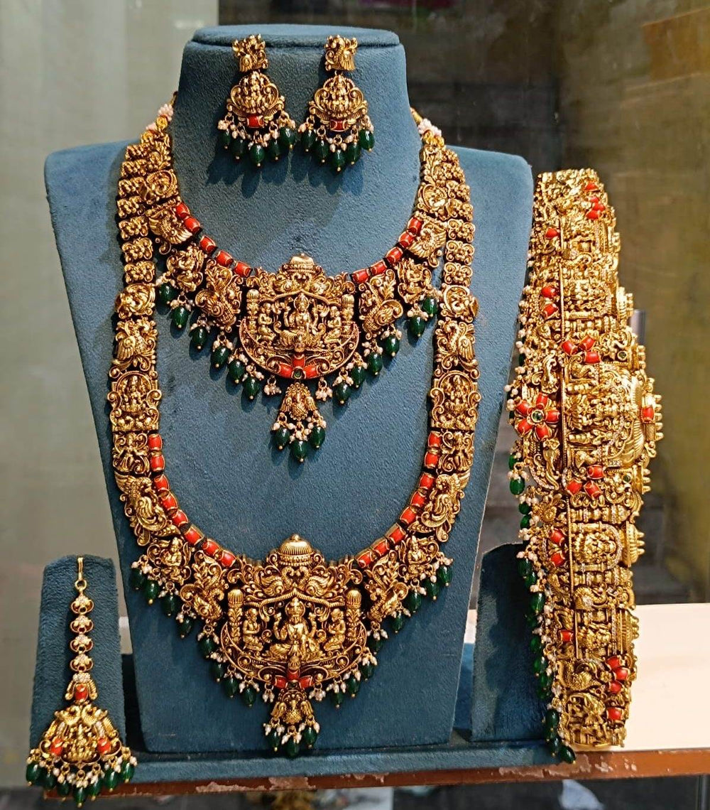 Nakshi Work with AD Stone & Coral beads Bridal Set (Gold Replica) - Nakshatra Jewels