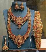 Nakshi Work with AD Stone & Coral beads Bridal Set (Gold Replica) - Nakshatra Jewels