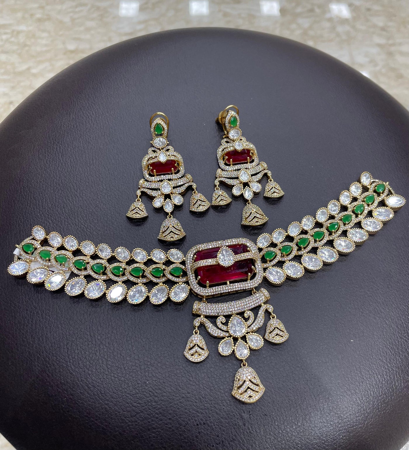 Victorian Polish AD and Mossianite Stones Bridal Neck Set