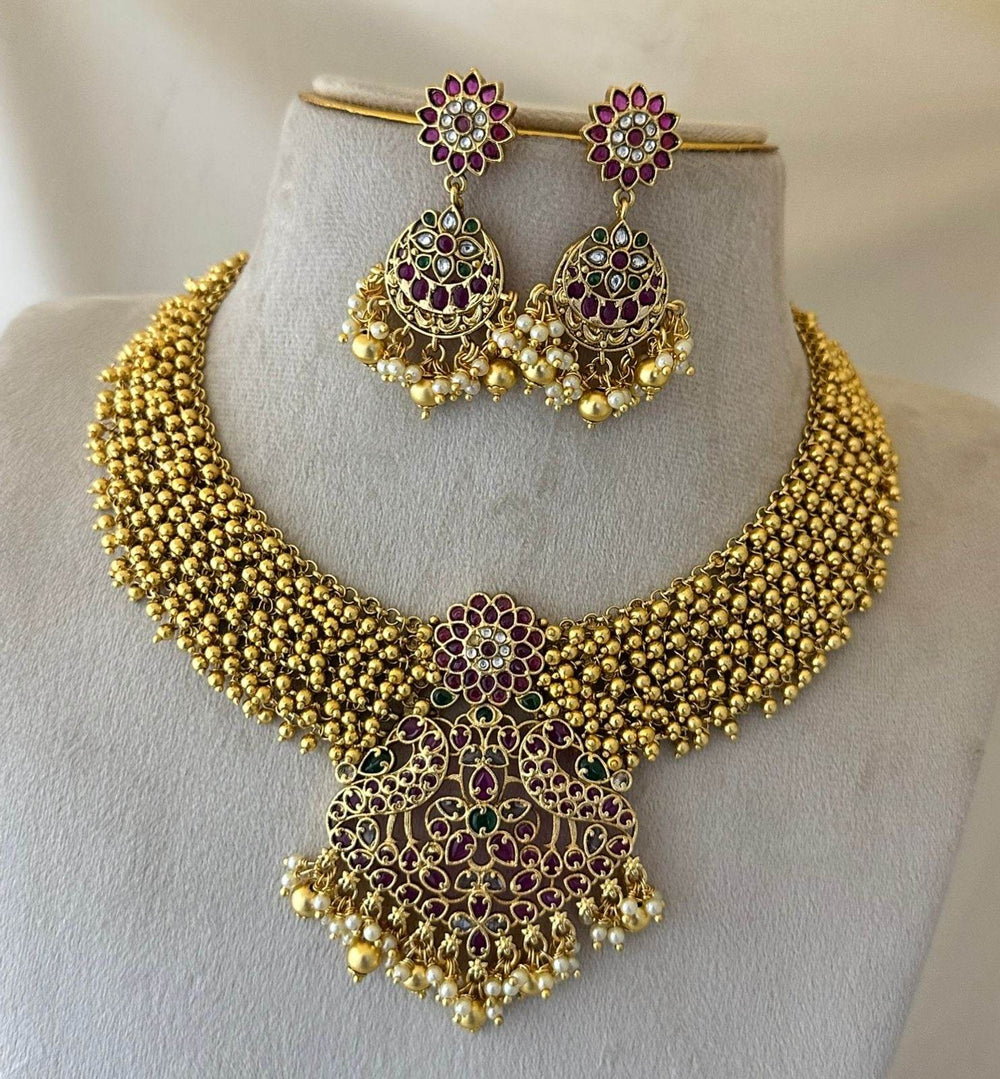 Nagasi Work with Kempu Stones Bridal Necklace - Nakshatra Jewels
