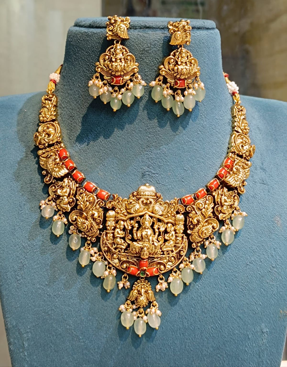 Nakshi Work with AD Stones & Coral Beads Bridal Necklace