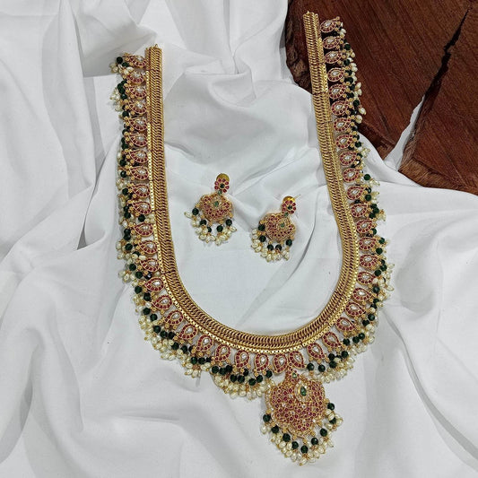 Nakshi Work with Kempu Stones Bridal Haram - Nakshatra Jewels