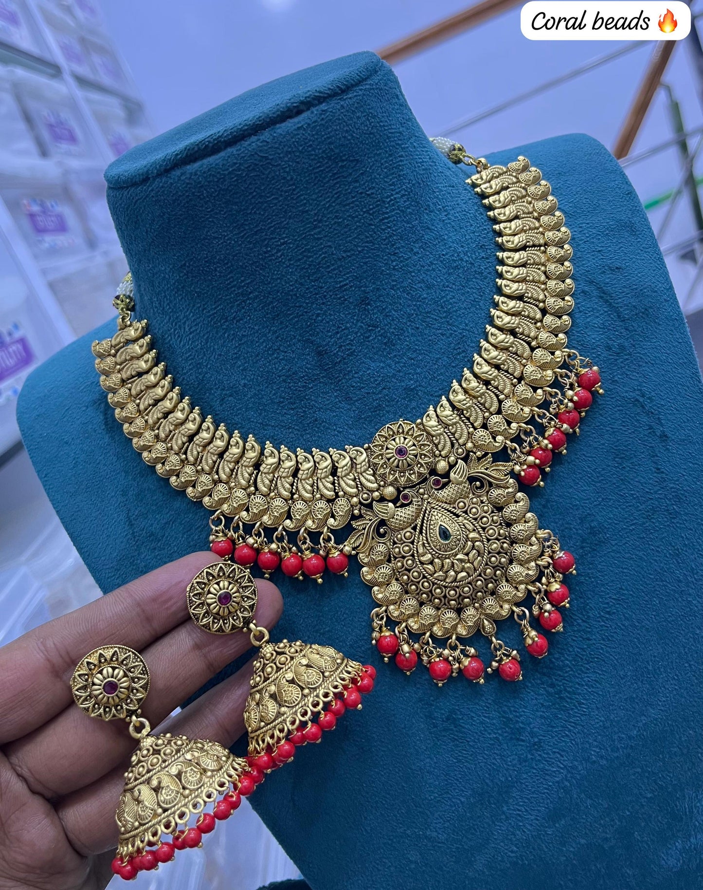 Nakshi work with Kempu Stones Necklace (Coral Beads Hangings)
