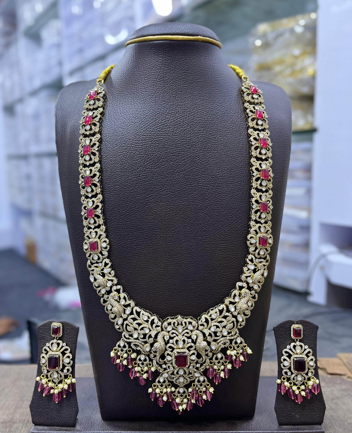 Victorian Polish Moissanite and AD Stones Bridal Necklace