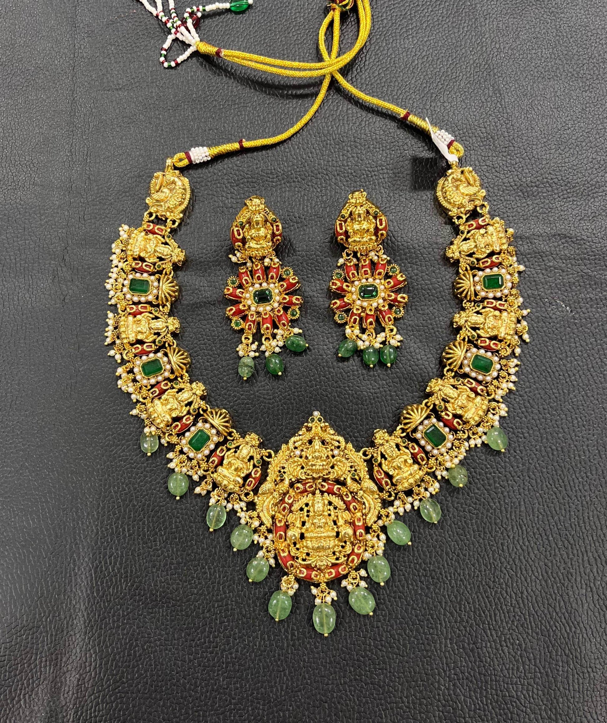 Nakshi Work with AD Stones & Coral Beads Bridal Necklace - Nakshatra Jewels