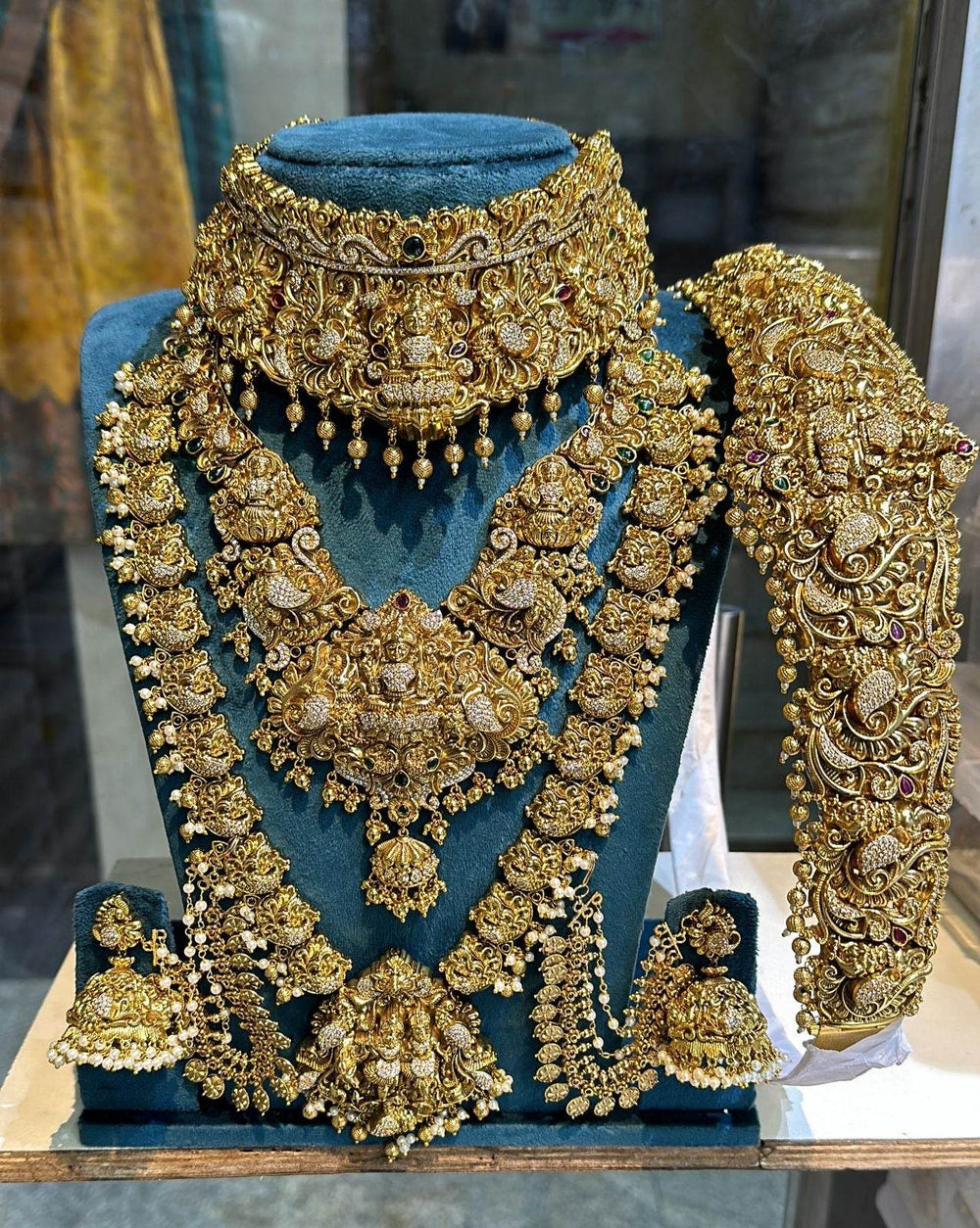 Nakshi Work with Ad Stones Bridal Set (Gold Replica) - Nakshatra Jewels