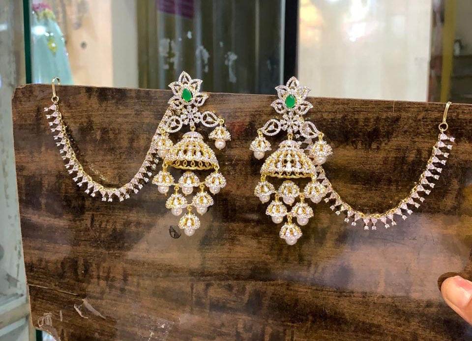 AD Stones Bridal Earrings with Ear chains - Nakshatra Jewels