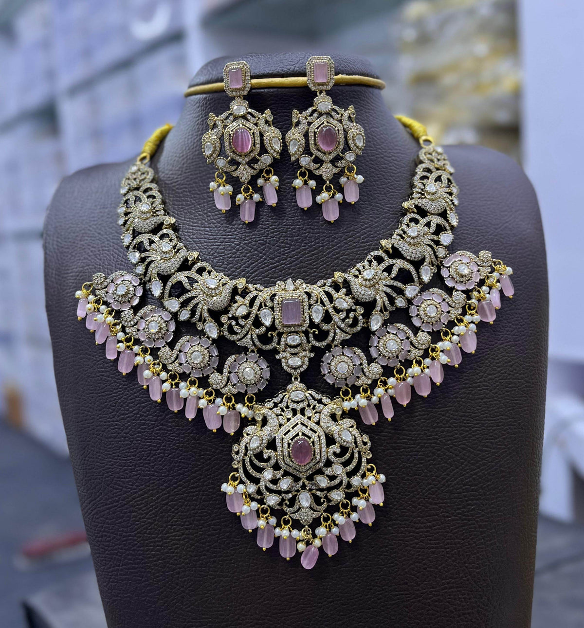 Victorian Polish Moissanite and AD Stones Bridal Necklace