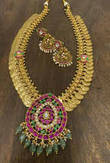 Nakshi Work Kasu Haram with Kundan Stones Pendent