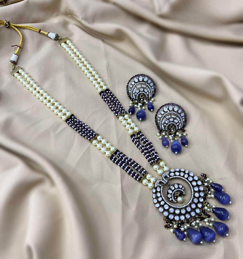 Victorian Polish AD Stones Pendent with Beads Haram - Nakshatra Jewels