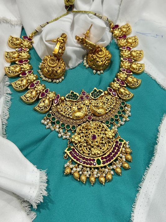 Nakshi Work with Kempu Stones Bridal Necklace