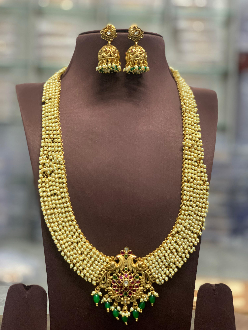 Kempu Stones Pendent with Pearls Bridal Haram