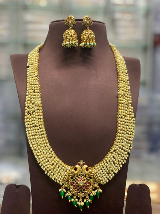 Kempu Stones Pendent with Pearls Bridal Haram