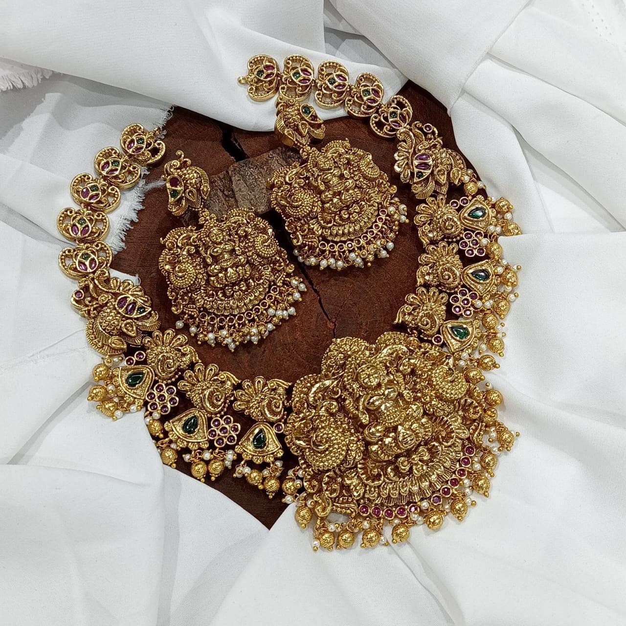 Nakshi Work with Kempu Stones Bridal Necklace - Nakshatra Jewels