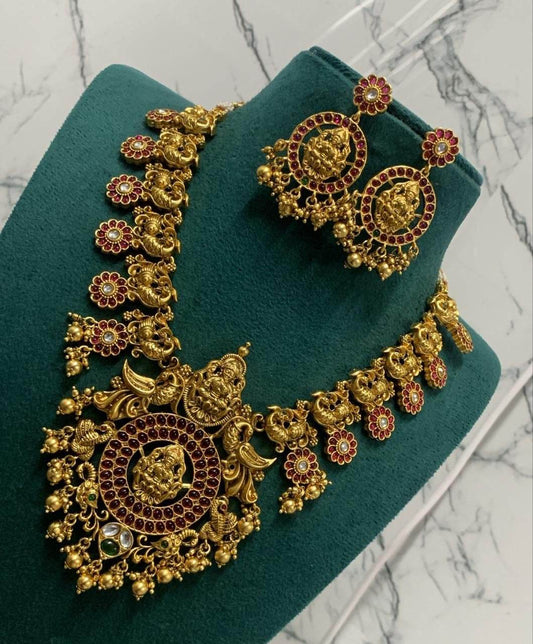 Nagasi Work with Kempu Stones Bridal Haram - Nakshatra Jewels
