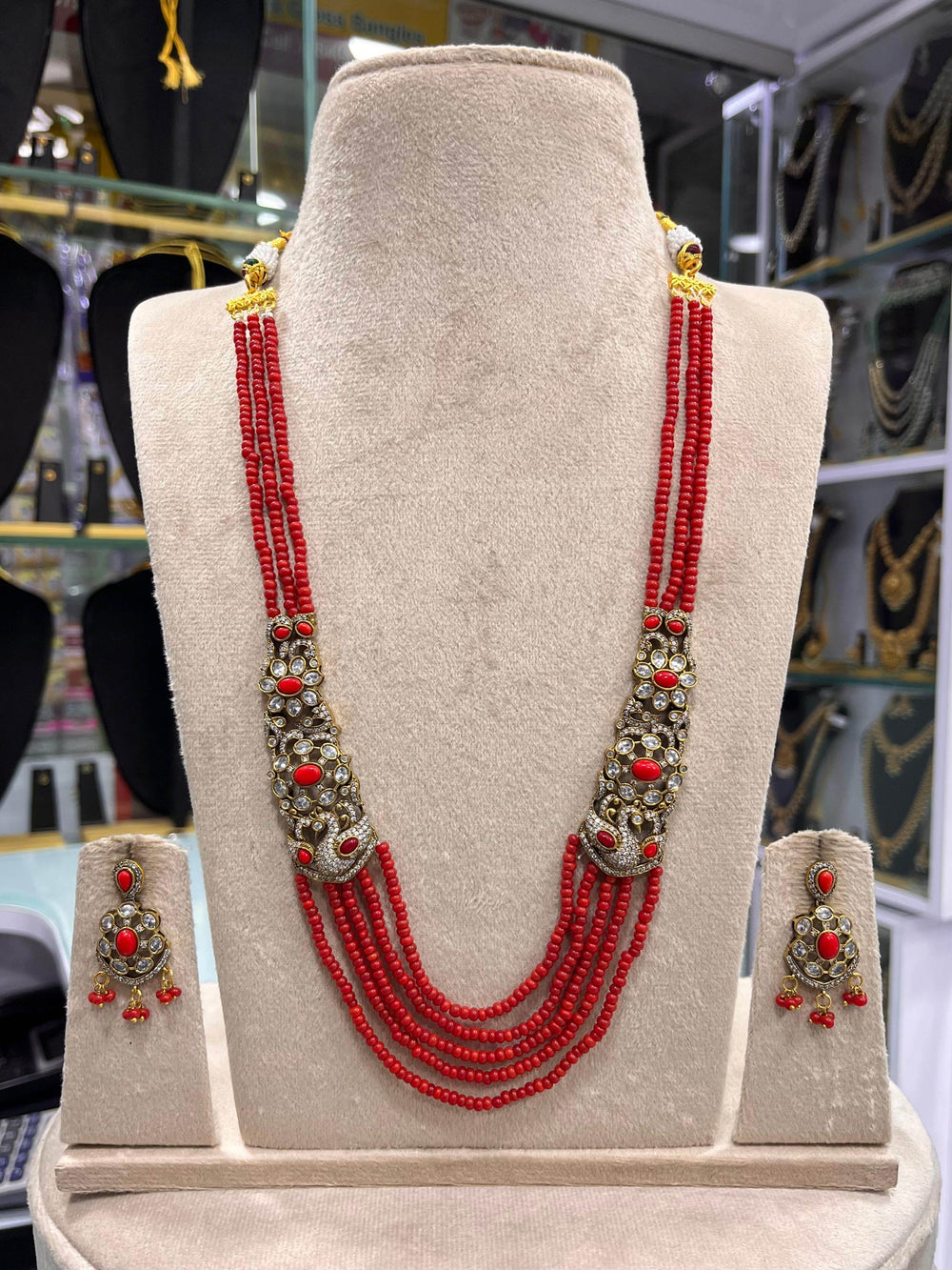 Victorian Polish AD Stones Side Pendent with Beads Haram - Nakshatra Jewels