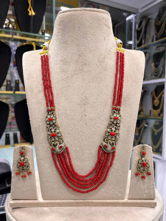 Victorian Polish AD Stones Side Pendent with Beads Haram - Nakshatra Jewels