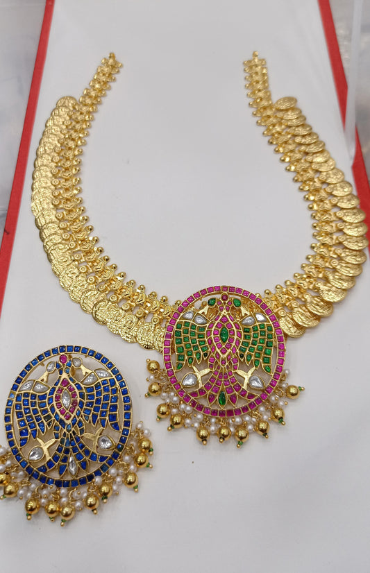 Nakshi Work Kasu mala with Jaadu Kundan Stones Pendent Haram