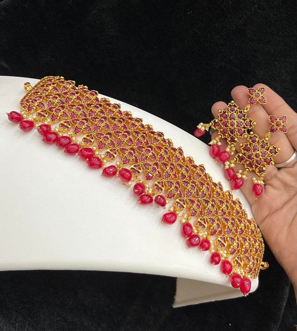 Nagasi work with Kempu Stones Bridal Choker